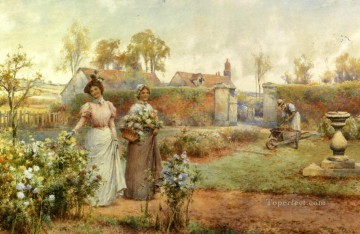  Lady Arte - Una dama y su criada recogiendo crisantemos paisaje Alfred Glendening